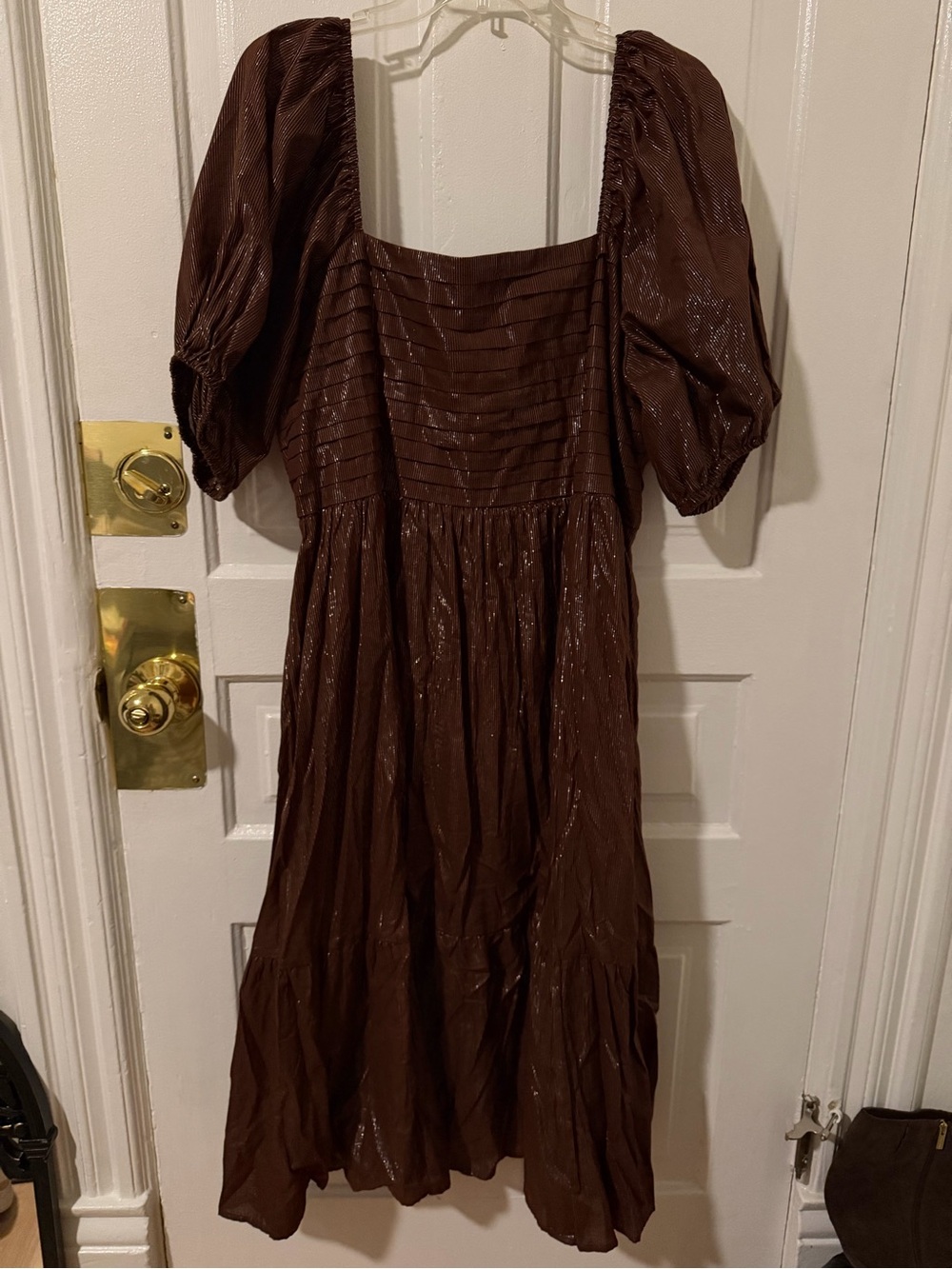 LC Lauren Conrad Chocolate Brown Puff-Sleeve Tiered Midi Dress - Picture 3 of 5
